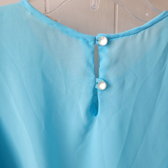 Vintage 70s Blue Sheer Day Dress with Blue Beading White Belt - Picture 7 of 9